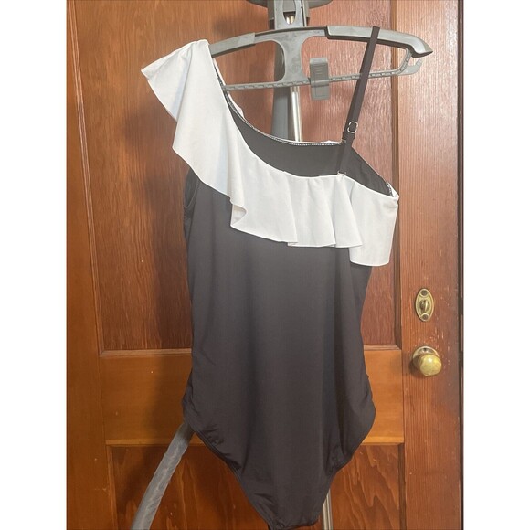 Tempt Me Womens Large Black Swimsuit One Piece One Shoulder Ruffle Black White - Picture 3 of 7